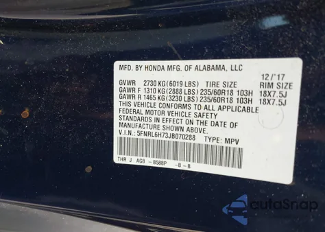 2018 Honda Odyssey Ex-L z USA, uszkodzony, nr VIN 5FNRL6H73JB070288